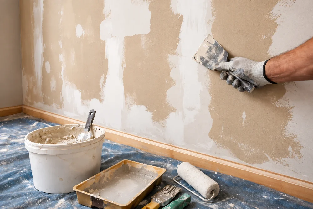 Application d’enduit au couteau pour préparer un mur avant peinture